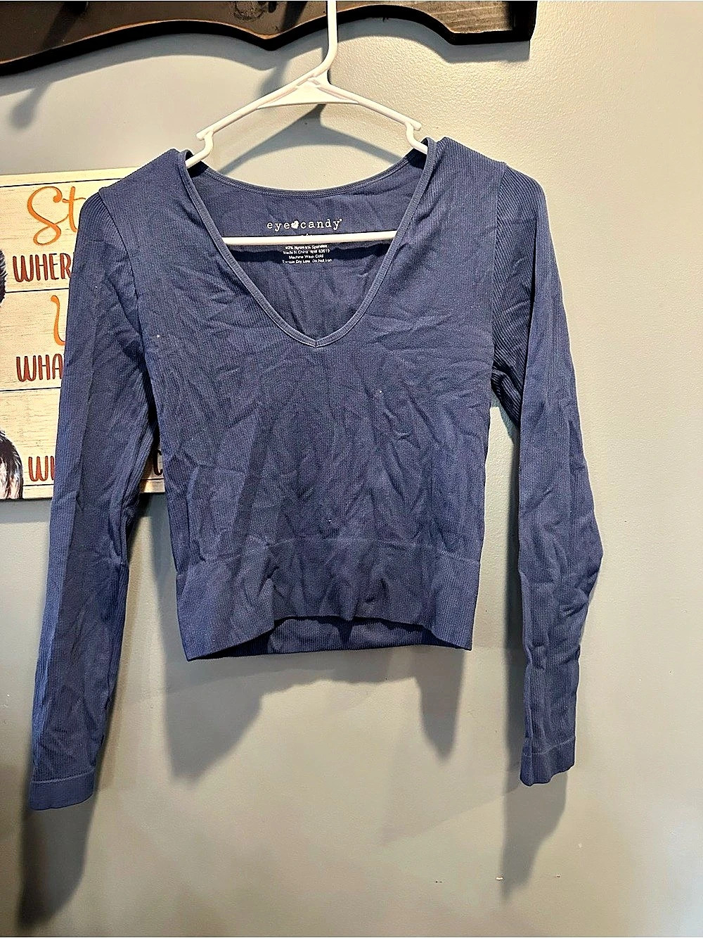 eyecandy Long Sleeve V-Neck Top in Blue Size S/M